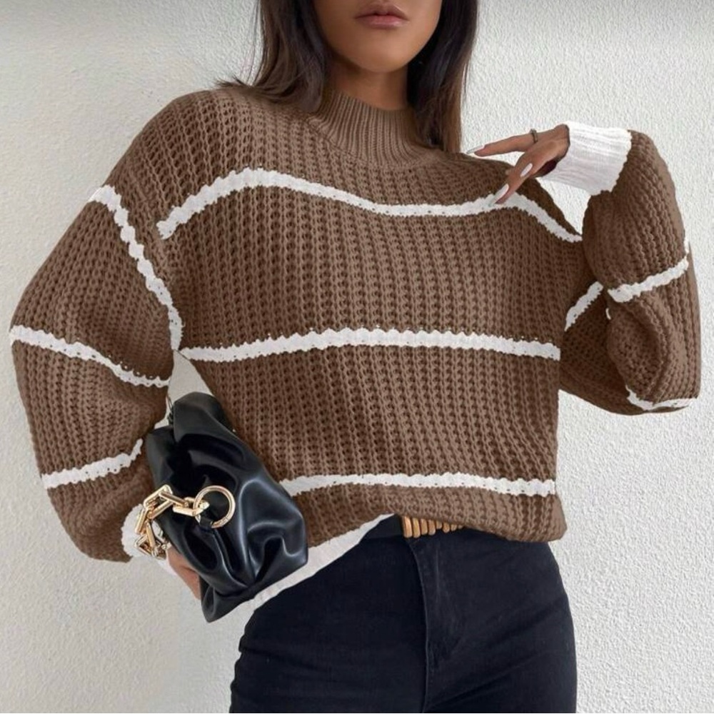 SHEIN Brown and White Striped Knit Sweater Size Medium BRAND NEW 🤎 - Picture 5 of 7